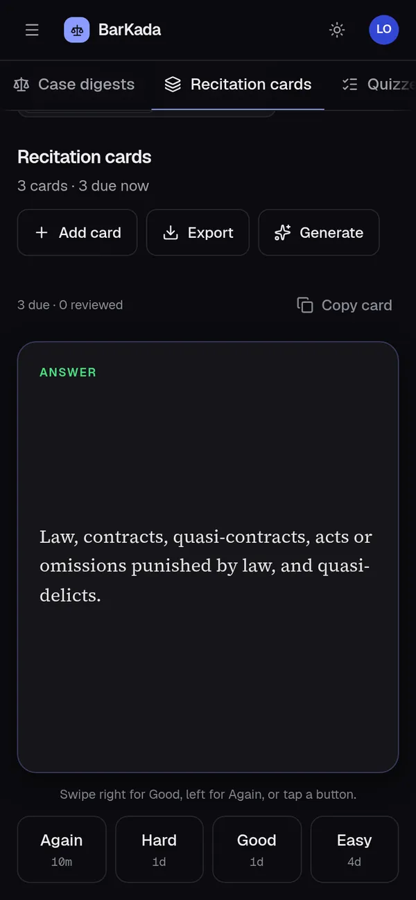 BarKada on a phone: a recitation card showing the answer, with spaced-repetition buttons